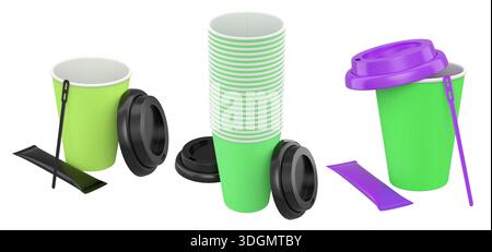 Set of takeaway coffee cups with plastic lids, stirrers, and sugar sachets isolated on white background. Concept of beverage service Stock Photo