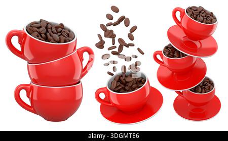 Set of ceramic coffee cups filled with roasted coffee beans, glossy ...