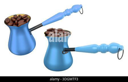 Set of colorful cezve coffee pots filled with coffee beans, isolated on ...