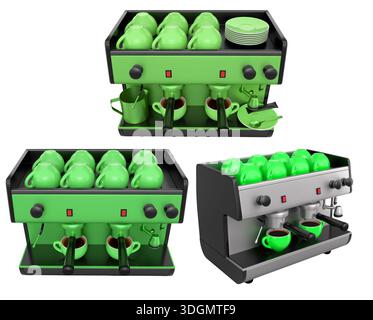 Set of colorful espresso coffee machines with matching cups, isolated ...