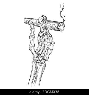 Skeleton hand holds a cigar in its bony fingers, black and white sketch. Vector illustration. Drawing in a simple style isolated on a white background Stock Vector
