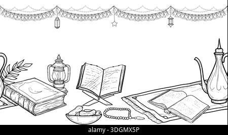 Festive garland and lanterns, Koran, rosary and stars, seamless horizontal border Vector illustration. Pattern on the theme of Islam and Ramadan Stock Vector