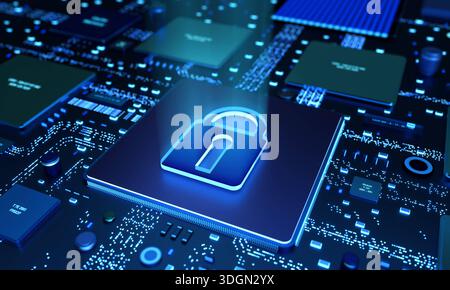 Blue motherboard with processor, flowing data, lock icon, data protection, privacy, and security. Blue motherboard with processor and flowing data, lock icon, data protection, privacy, and security. Computer equipment, connections, data processing and transfer, machine learning. img technology098s01 processor locked data protection Stock Photo