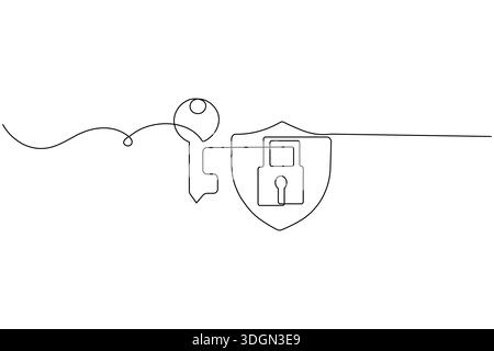 Shield and key security concept continuous one line drawing minimalist style Stock Vector