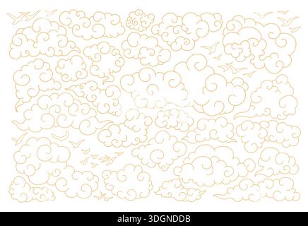 Gold Traditional Chinese Clouds and Flying Birds, Classic Elegant Outline Contour Asian Tangka Vector Collection, Isolated Graphic Elements Set Stock Vector