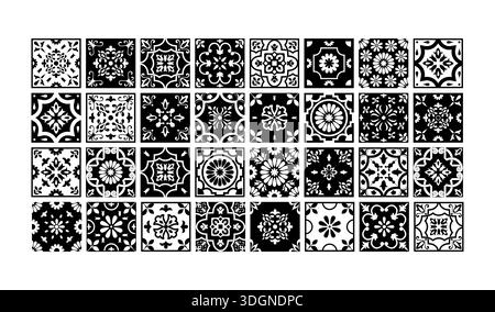 Black and White Mosaic Tiles Vector Set Mediterranean Portuguese Azulejo Traditional Ceramic Spanish or Mexican Talavera Square Ornaments for Stock Vector