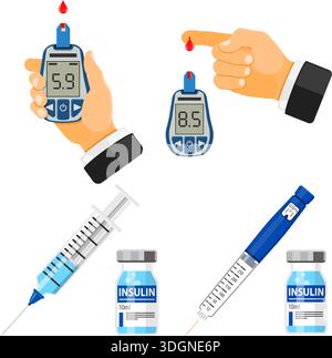 Diabetes banners. blood glucose meter and finger with blood drop. glucometer for diagnosis of diabetes. Insulin Pen Syringe and Vial. diabetes world d Stock Vector