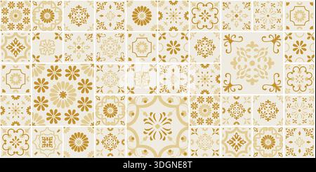 Gold Beige Portuguese Azulejo Tiles Vector Seamless Pattern, Wallpaper Geometric Mosaic Set, Large Size Traditional Mediterranean Italian Floral Stock Vector