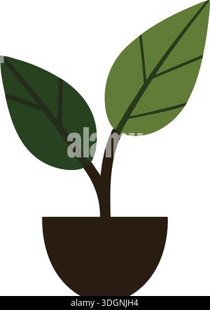 Simple flat illustration of a small houseplant with two leaves growing from a dark pot Stock Vector