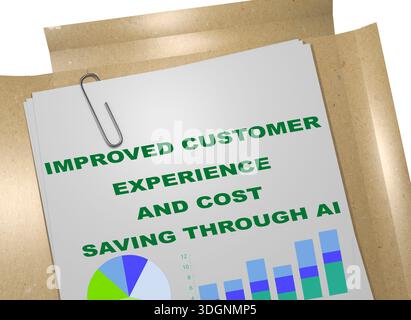 3D illustration of "Improved Customer Experience And Cost Savings Through AI" title on business document. Business concept. Stock Photo