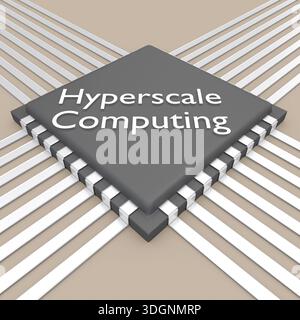 3D illustration of "Hyperscale Computing" title on a black microchip placed on a light brown printed circuit board. Stock Photo