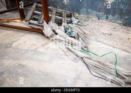 A discarded pile of ripped white plastic sheeting with tangled green ropes lies on a cracked concrete surface near a weathered blue wall with peeling Stock Photo