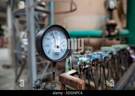Pressure gauges at the pump station in the water preparation section of a heat exchanger circuit. The gauges are mounted on a control panel, monitorin Stock Photo