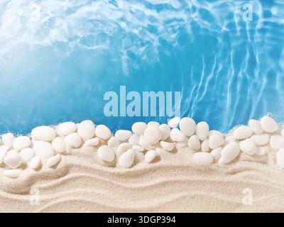 Summer blue background with sand on edges and blue background sea water with wave in center for copy space Tourism, vacation and holidays concept Stock Photo