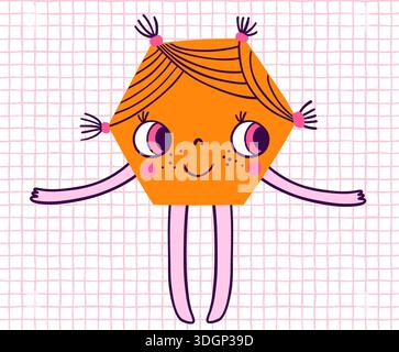 Cute hexagon children character, vector geometric shape with kawaii face for math educational resources and games Stock Vector