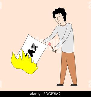 A man holds a lit match and sets fire to banknotes. Stock Vector