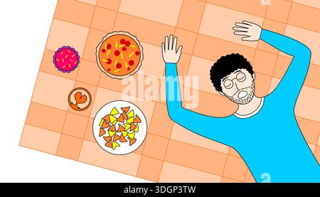 A man is laying on a table with a plate of food in front of him. The man is sleeping and the table has a variety of food items, including pizza, chips Stock Vector