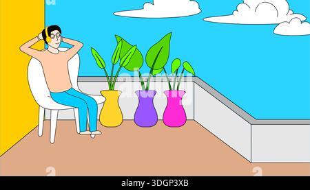A man is sitting on a chair with his head resting on his hand. He is wearing headphones and he is listening to music. The scene is set on a balcony wi Stock Vector