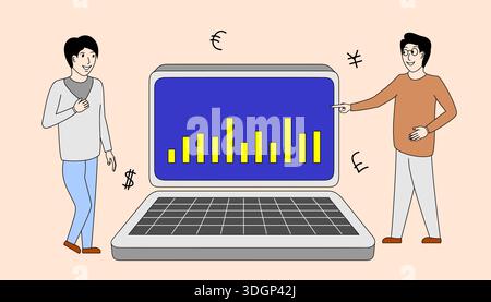Two men are standing in front of a laptop computer with a graph on the screen. One man is pointing at the graph while the other man looks on Stock Vector