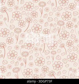 Whimsical minimalist seamless pattern with hand drawn doodle vector illustrations. Vintage cottagecore print for fabric, wallpaper and wrapping paper Stock Vector