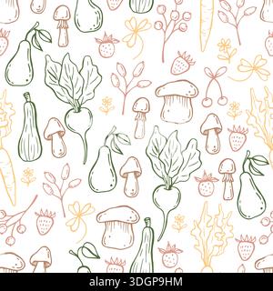 Whimsical trendy cottagecore vegetables seamless pattern. Coquette hand drawn doodles. Gardening print for fabric, wallpaper and wrapping paper Stock Vector