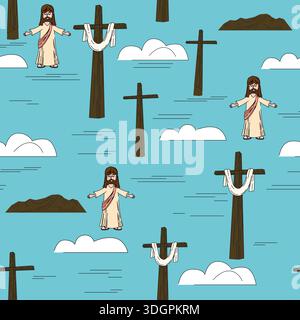 Seamless pattern He is risen, Easter, cross sky, cloud Stock Vector