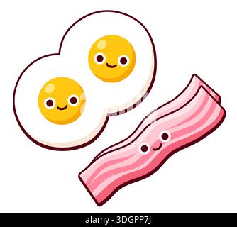 Two fried eggs and bacon, breakfast food with cute cartoon faces. Simple flat vector illustration. Stock Vector