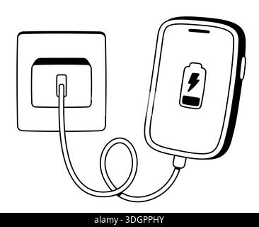 Smartphone charging from a wall socket. Cute cartoon illustration of phone battery charger. Simple hand drawn black and white vector doodle. Stock Vector
