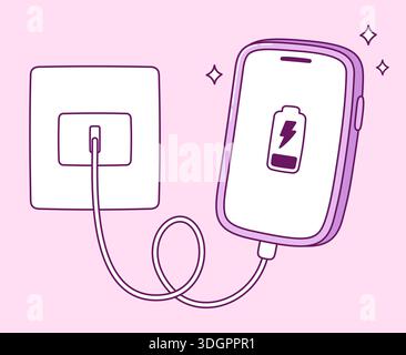 Smartphone charging from a wall socket. Cute cartoon illustration of phone battery charger. Simple hand drawn vector doodle. Stock Vector