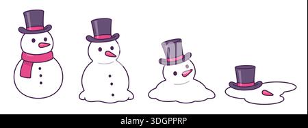 Cute cartoon snowman wearing top hat in process of melting. Simple drawing, vector illustration. Stock Vector
