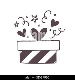 Opened Gift box with hearts confetti doodle icon Stock Vector