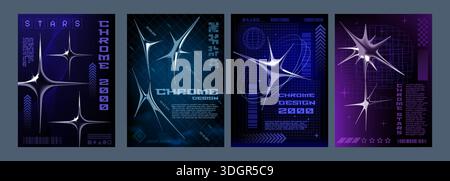Y2k chrome art. 3D glitch metal typography. Alien futuristic cyberpunk or space abstract shapes. Retro digital banners. Metallic effects. Glossy spike star. Cyber wireframe. Vector design posters set Stock Vector