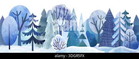 Winter forest. Snow tree watercolor nordic landscape, horizontal banner backdrop. Blue fir or spruce art panorama. Frozen pine in snowfall. Frosty coniferous and deciduous plant. Vector background Stock Vector