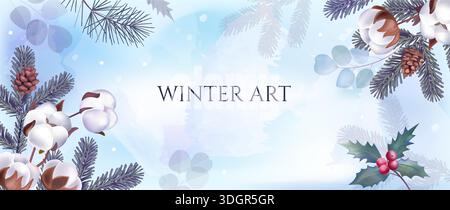 Winter background. Watercolor holiday pattern with season flower elements, plant texture for greeting card. Botanical frame with fir tree branches and cones. Vector Christmas horizontal banner design Stock Vector