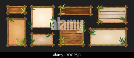 Bamboo frame. Wood sign board, wooden game adventure border or ui name banner for map different size, green plant leaves texture. Empty framework panels in asian style. Vector graphic design elements Stock Vector