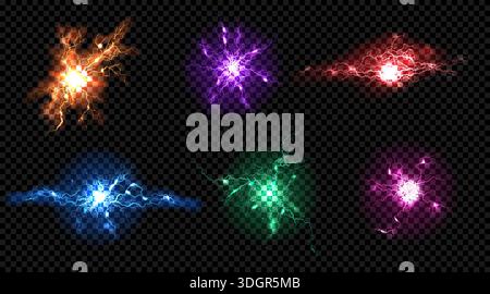 Thunder light. Red and yellow energy effect or glowing power ball. Gold flash bolt lightening. Magic storm burst with sparks. Thunderstorm strike. Thunderbolt blast. Vector electric shine spheres set Stock Vector