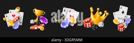 Casino icons. 3d poker chip card, bet or blackjack trophy, gold fortune game crown and winner prize, cubes and token. Flying ui Texas cup and coins, money tournament. Vector logo isolated gambling set Stock Vector