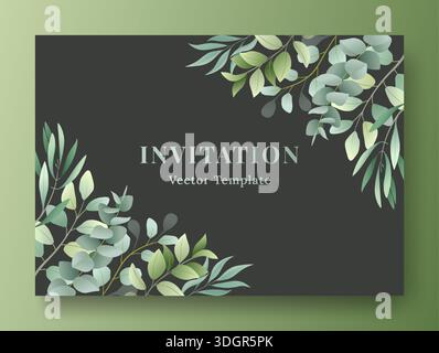 Watercolor leaf invitation design. Green flower leaves plant branch frame with copy space, greenery foliage natural eucalyptus banner, spring twig border corners. Vector isolated elegant template Stock Vector
