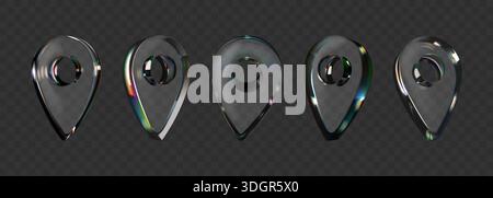 3D location pin. Glass holographic icon. Map GPS point or glossy transparent shape for place address. Navigator travel sign. Destination road tag. Y2K crystal arrow. Neon gradient geotags vector set Stock Vector