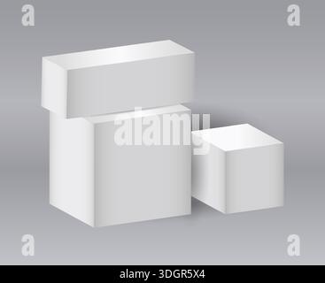 3D stand. White cubes composition. Abstract platform. Geometric shapes. Minimal pedestal. Square basic figures with shadow. Empty simple blocks. Clean boxes. Vector exhibition presentation background Stock Vector