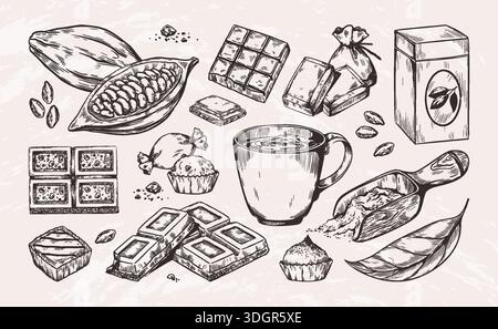 Chocolate bar. Hand drawn cocoa sketch. Dark bean draw or organic product. Natural coffee style. Choco powder scoop. Delicious food. Glazed sweets. Cooking ingredients. Vector outline elements set Stock Vector