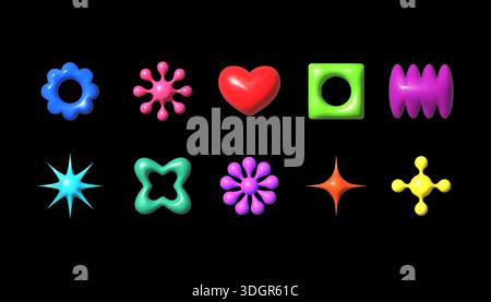 Y2k 3d elements. Inflatable flower sticker. Plastic balloon figure shape or retro pop star object. Love heart. Geometric simple figure. 2000s abstract symbols. Vector design color glossy icons set Stock Vector
