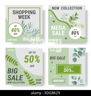 Sale post. Square banner discount elegant design. Special offer for social media. Watercolor leaf decoration. Shopping poster with greenery foliage natural eucalyptus. Vector isolated templates set Stock Vector