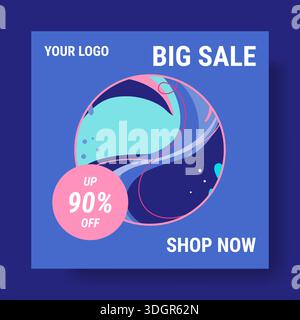 Sale banner. Shopping promotion. Marketing web square card. Discount percent. Online store. Shop special offer. Geometric shapes. Color swirl. Social media advertising flyer vector design template Stock Vector