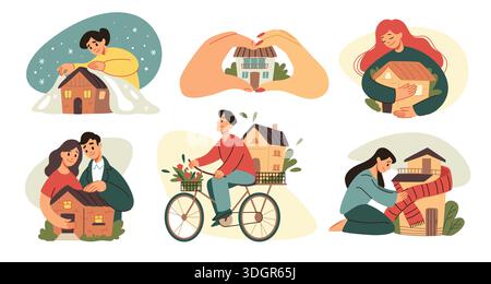 House memory. Safe mind dream for person in home place. People positive emotions. Town property insurance. Homeowners care and love of residential building. Couple hug residence. Vector concepts set Stock Vector