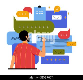 Man chatting. Reading news in internet, online messaging in chat application. Communicate conversation person, bubble speak icons on background. Discussing dialogue vector cartoon flat illustration Stock Vector