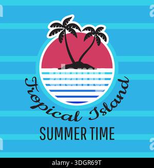 Summer time. Tropical island. Summertime vacation. Abstract sunset. Palms at seashore. Beach resort square card. Ocean wave ripple stripes. Seaside sundown. Circle sun. Vector social media post design Stock Vector