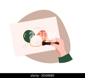 Hands making notes. Human arm holding paintbrush for drawing. Artistic craft hobby. Vector concept Art studio. Artist picture. Creative painting. Paper page. Painter fingers top view. Vector concept Stock Vector