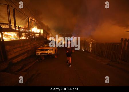 Concepción, Chile – January 18, 2026: The fire has completely destroyed houses in its path; most had already been evacuated. A tragic preliminary toll confirms one death and 253 homes destroyed following uncontrolled wildfires in the commune. Driven by strong winds overnight, the flames rapidly reached urban sectors, also affecting the neighboring towns of Penco and Lirquén. Emergency crews are struggling to contain the disaster in the Biobío region as the fire consumes residential areas. (Photo: Carlos Acuña/ATON/UNAR AGENCY) Credit: /Alamy Live News Stock Photo