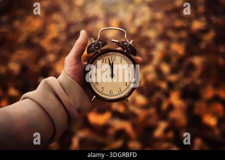 alarm clock on autumn leaves natural background Stock Photo
